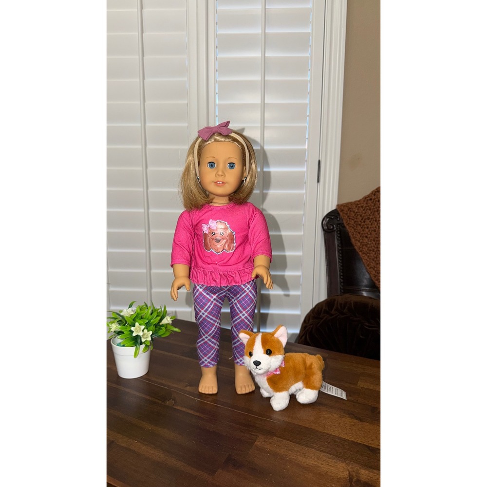 American Girl Truly Me Doll 63 Blonde Hair Blue Eyes with Corgi Dog and Outfit